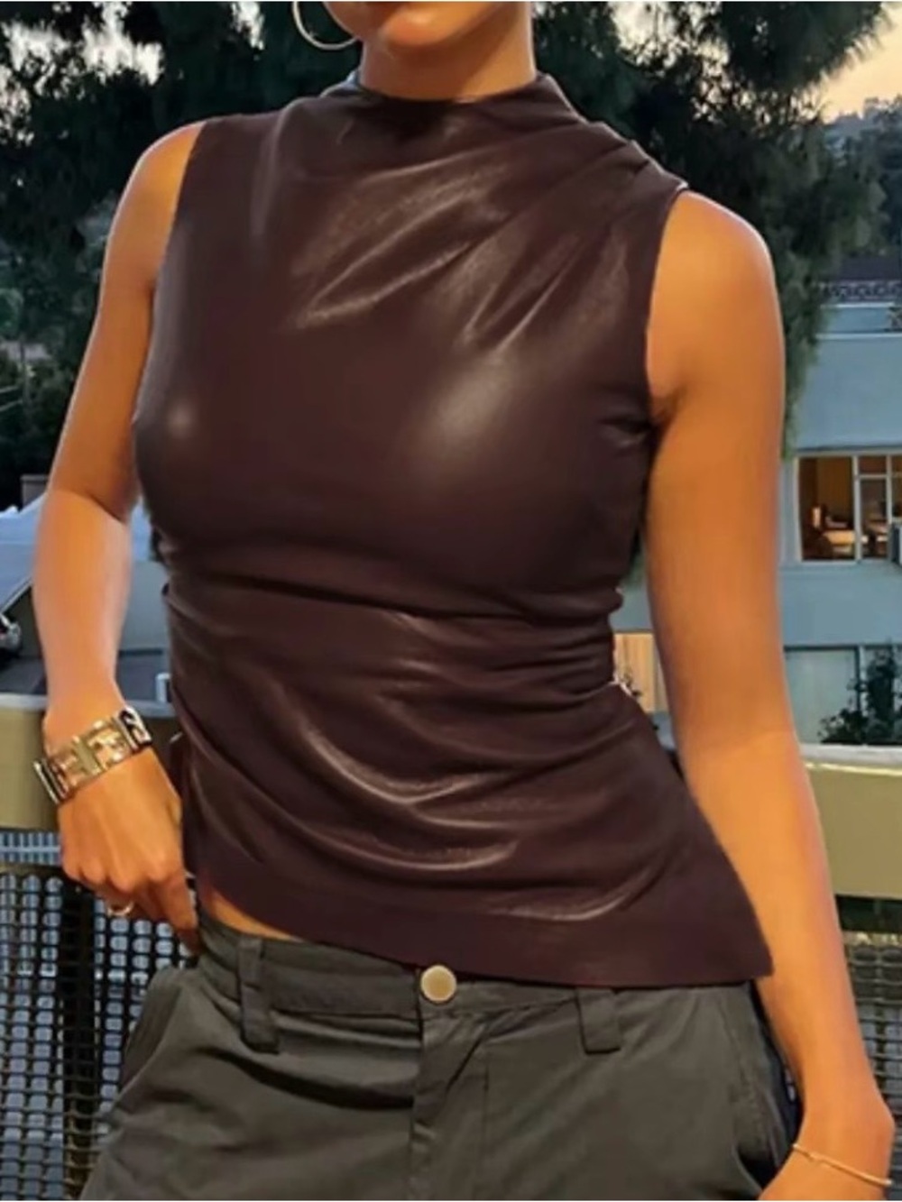 Sleeveless Faux-Leather Mock Neck Top in Dark Brown